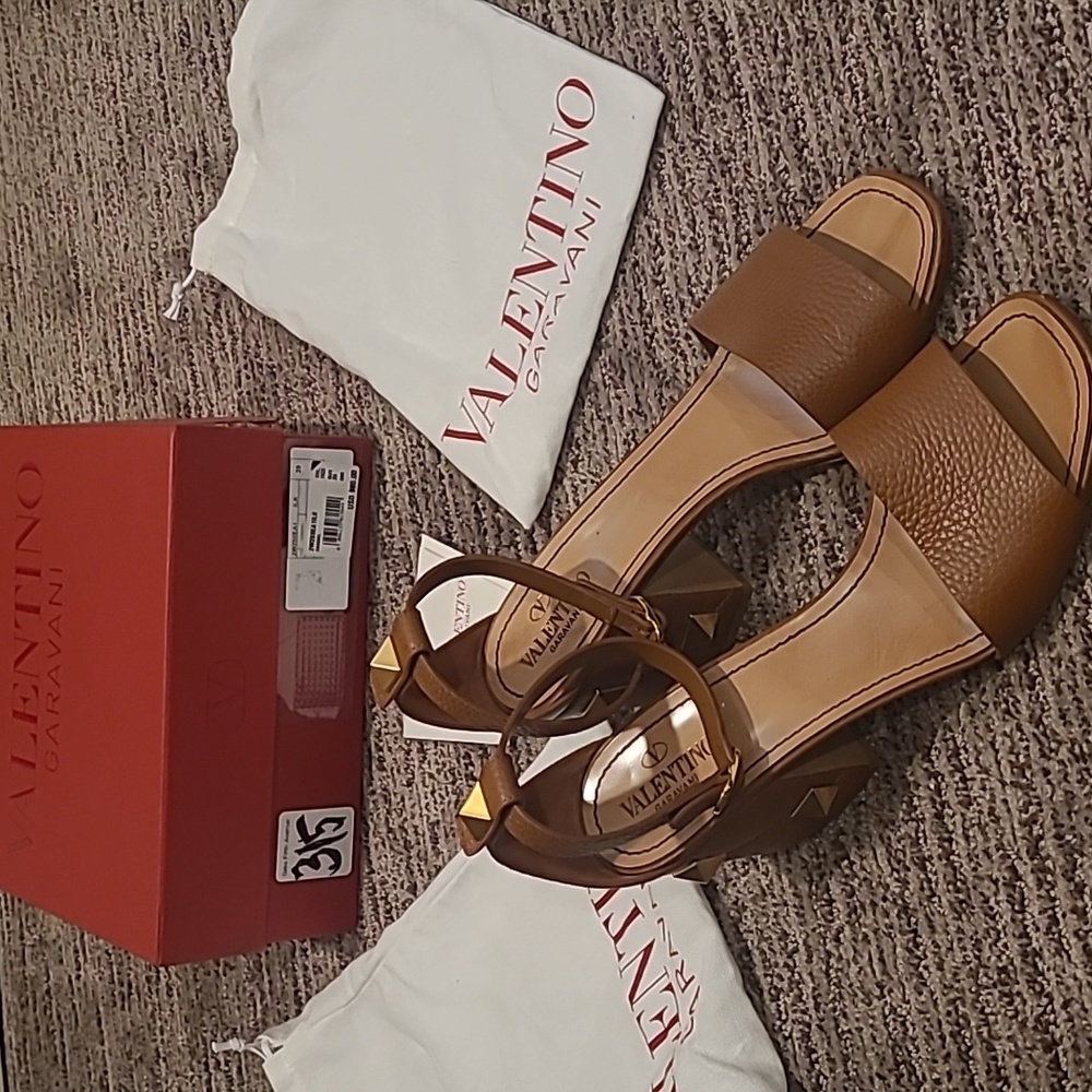 Valentino Garavani Brown Leather Block Heel Sandals